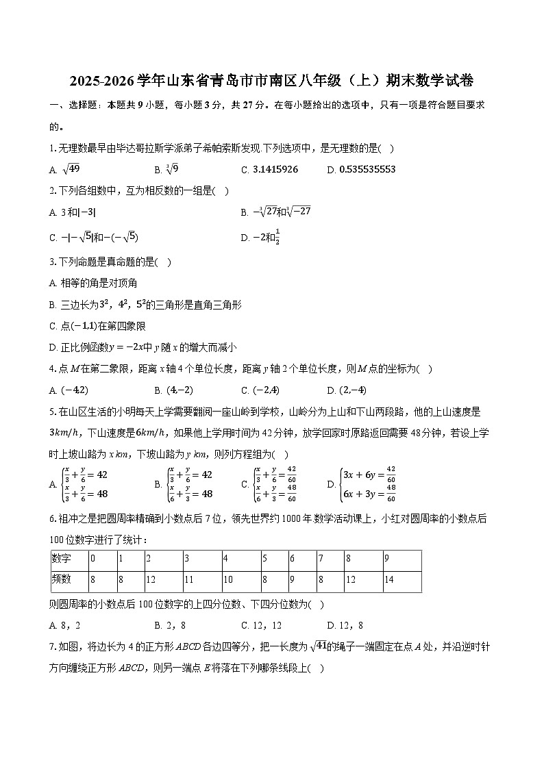 2025-2026学年山东省青岛市市南区八年级(上)期末数学试卷(含答案+解析)第1页