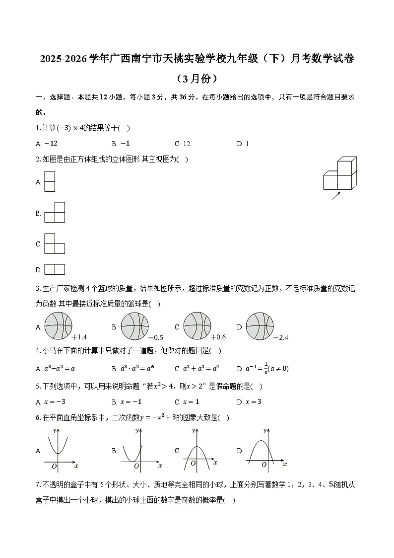 2025-2026学年广西南宁市天桃实验学校九年级(下)月考数学试卷(3月份)(含答案+解析)第1页