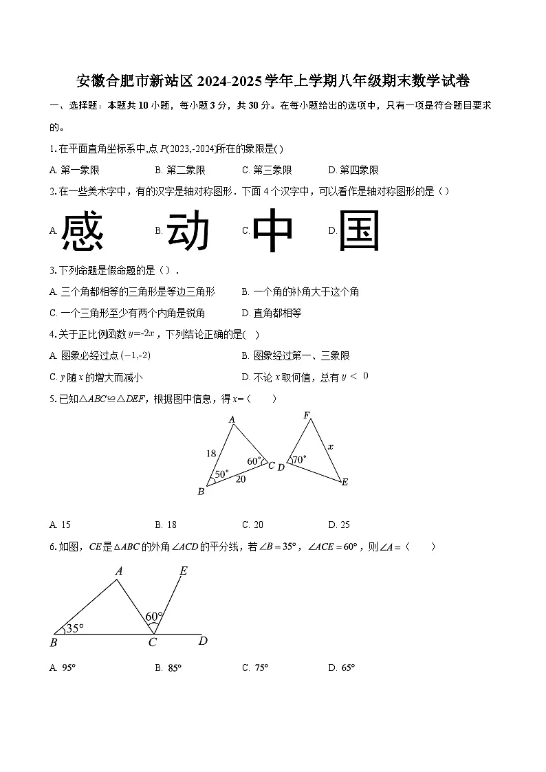 安徽合肥市新站区2024-2025学年上学期八年级期末数学试卷-自定义类型第1页