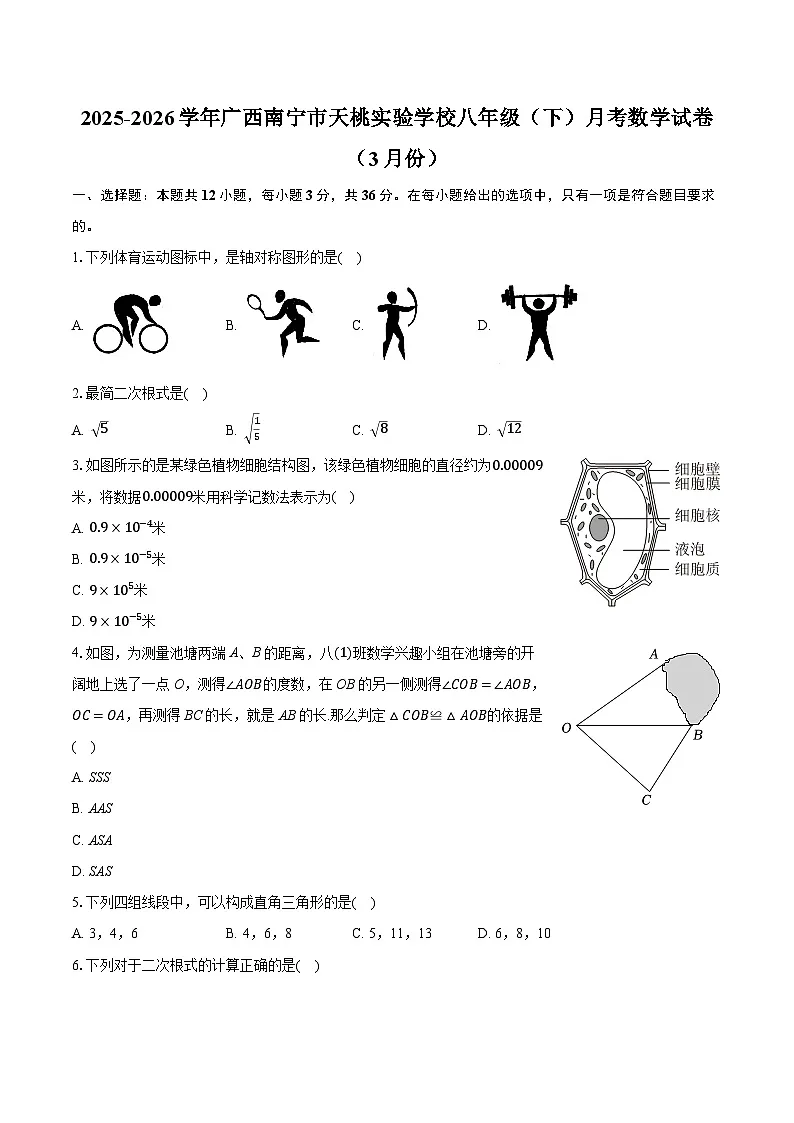 2025-2026学年广西南宁市天桃实验学校八年级(下)月考数学试卷(3月份)(含答案+解析)第1页