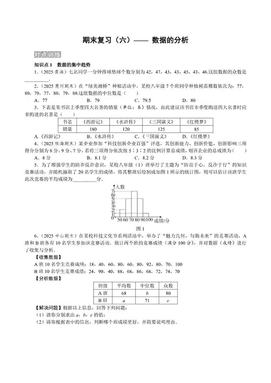 2025-2026学年期末复习(六)—— 第二十四章 数据的分析 单元测 数学人教版八年级下册试卷(含答案)第1页