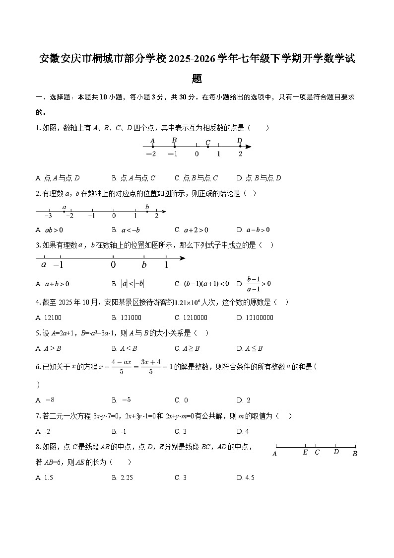 安徽安庆市桐城市部分学校2025-2026学年七年级下学期开学数学试题-自定义类型第1页