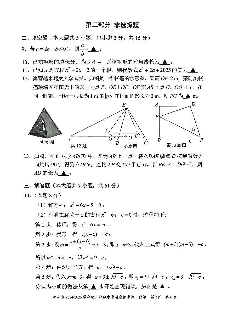 2024-2025学年深圳市初三中考适应性考试数学试卷(含答案)第3页