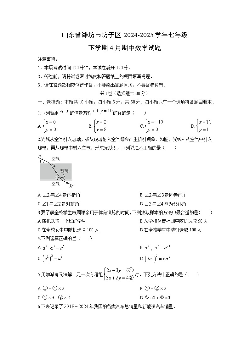 2024-2025学年山东省潍坊市坊子区七年级下学期4月期中数学试卷(学生版)第1页