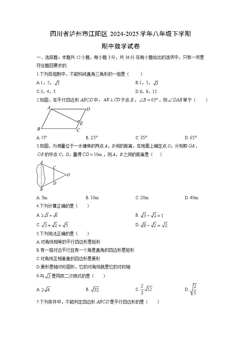 2024-2025学年四川省泸州市江阳区八年级下学期期中数学试卷(学生版)第1页