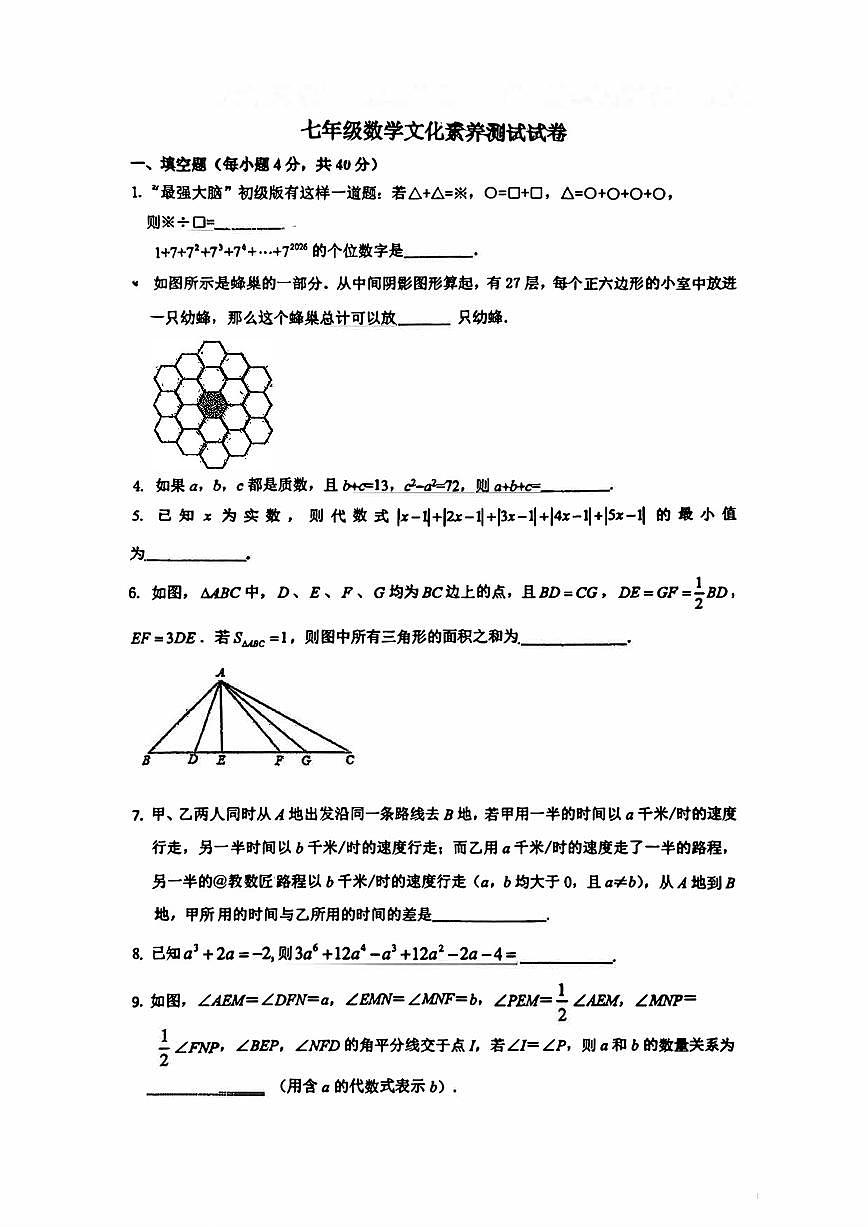 2026.3嘉兴市七年级素养测试数学试卷(含答案)第1页