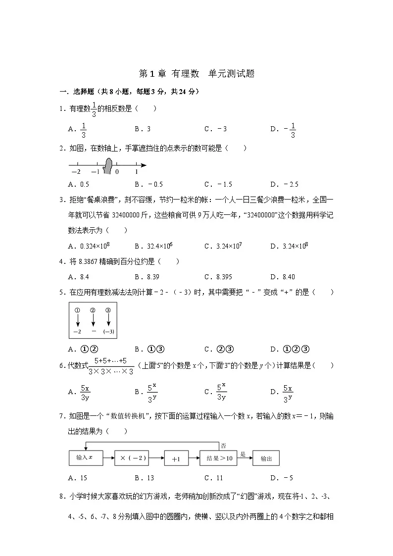 第1章 有理数 单元测试卷 2025-2026学年华东师大版七年级数学上册(有答案)第1页