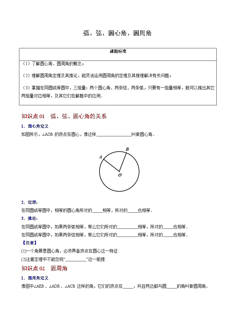 九年级上学期数学考点突破与提分——弧、弦、圆心角、圆周角练习题(含答案)第1页