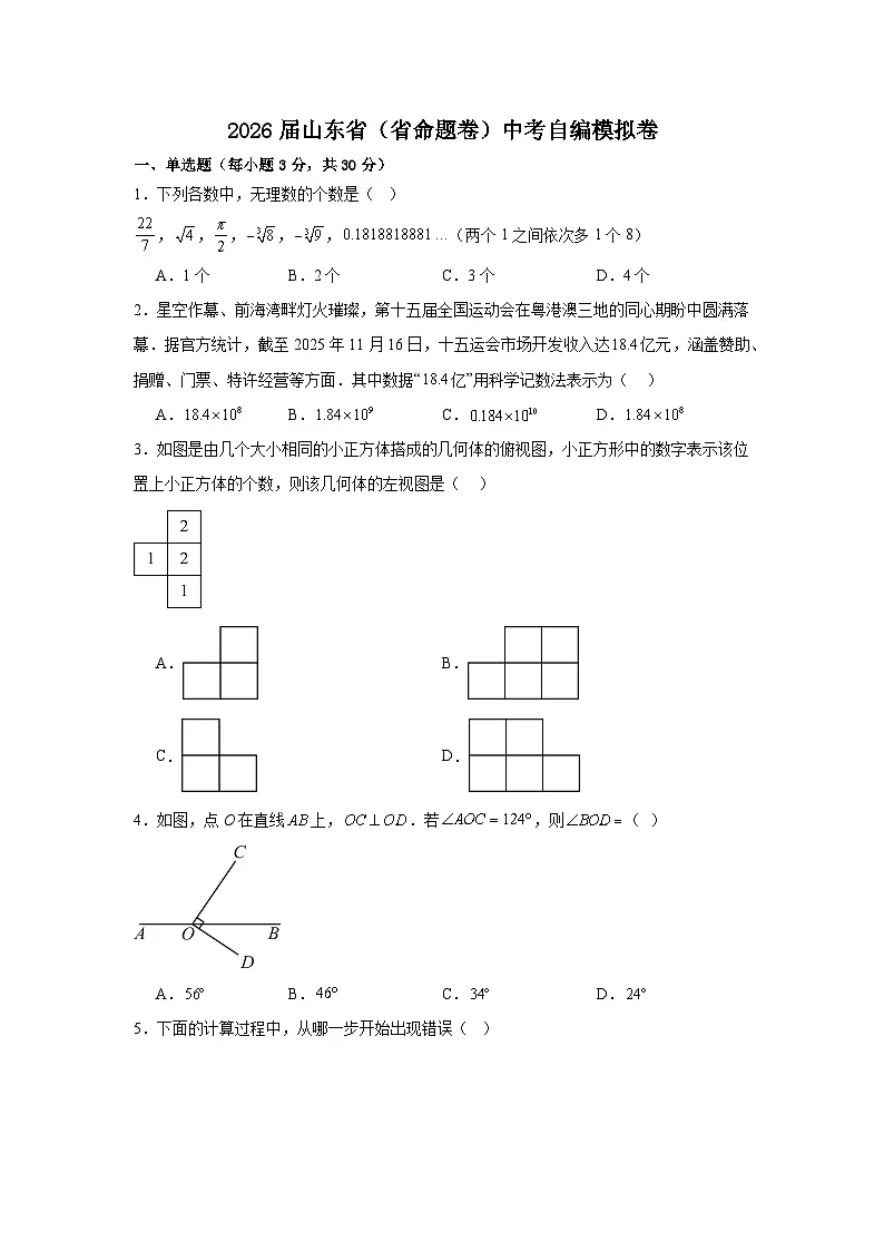 2026年山东省中考(省命题市专用)中考模拟数学自编试卷含答案第1页