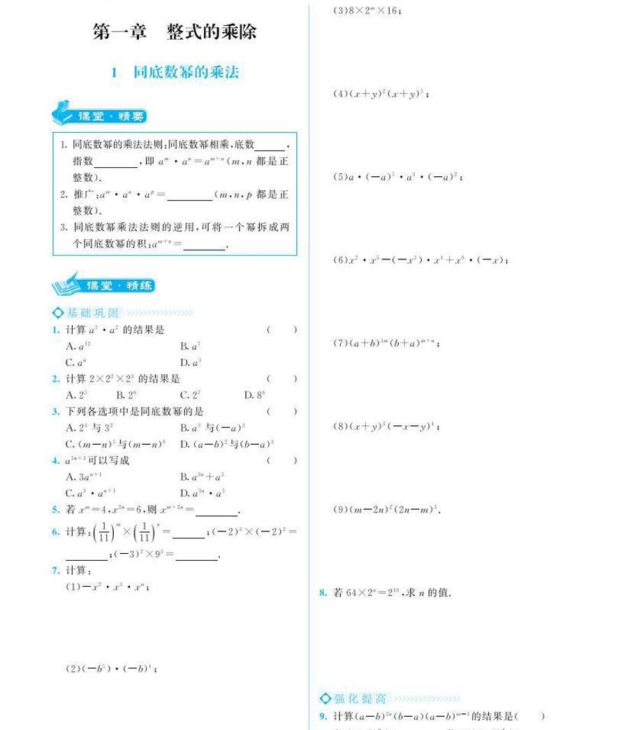 初中数学课堂精炼 七年级下册 北师大版(电子书)