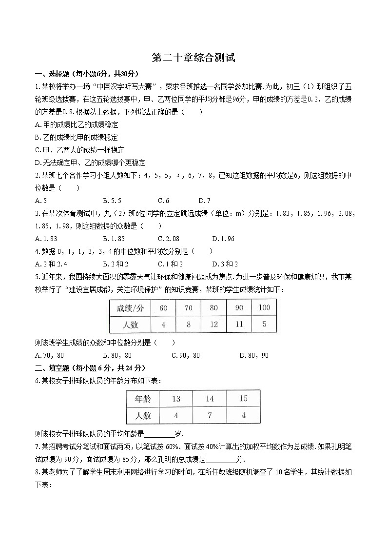 人教版八年级数学下册-第二十章 数据的分析-综合测试(含答案)01