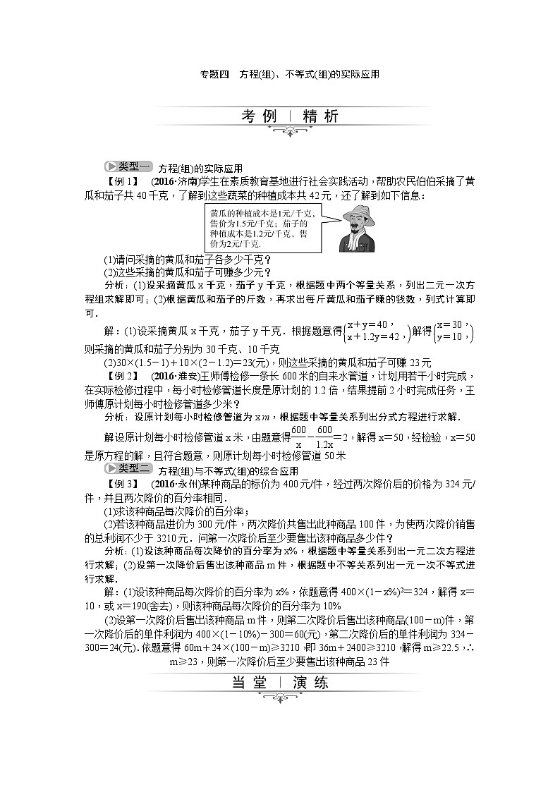 20屆中考精英人教版數(shù)學(xué)專題總復(fù)習(xí)：專題四 方程(組)、不等式(組)的實際應(yīng)用第1頁