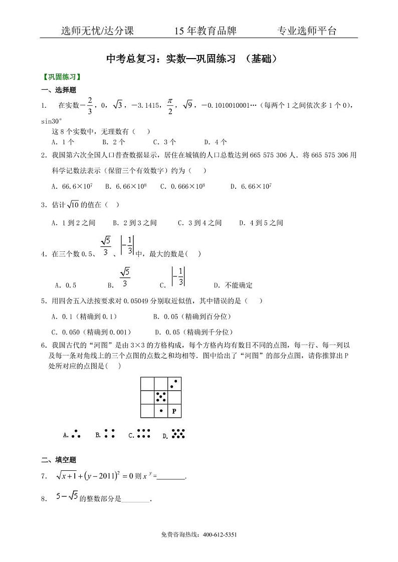 数学中考总复习:实数--巩固练习(基础)01