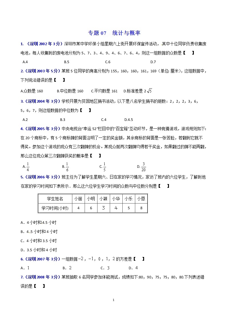 2002-2019年深圳市数学中考真题分类汇编：专题7 统计与概率（原卷版）01