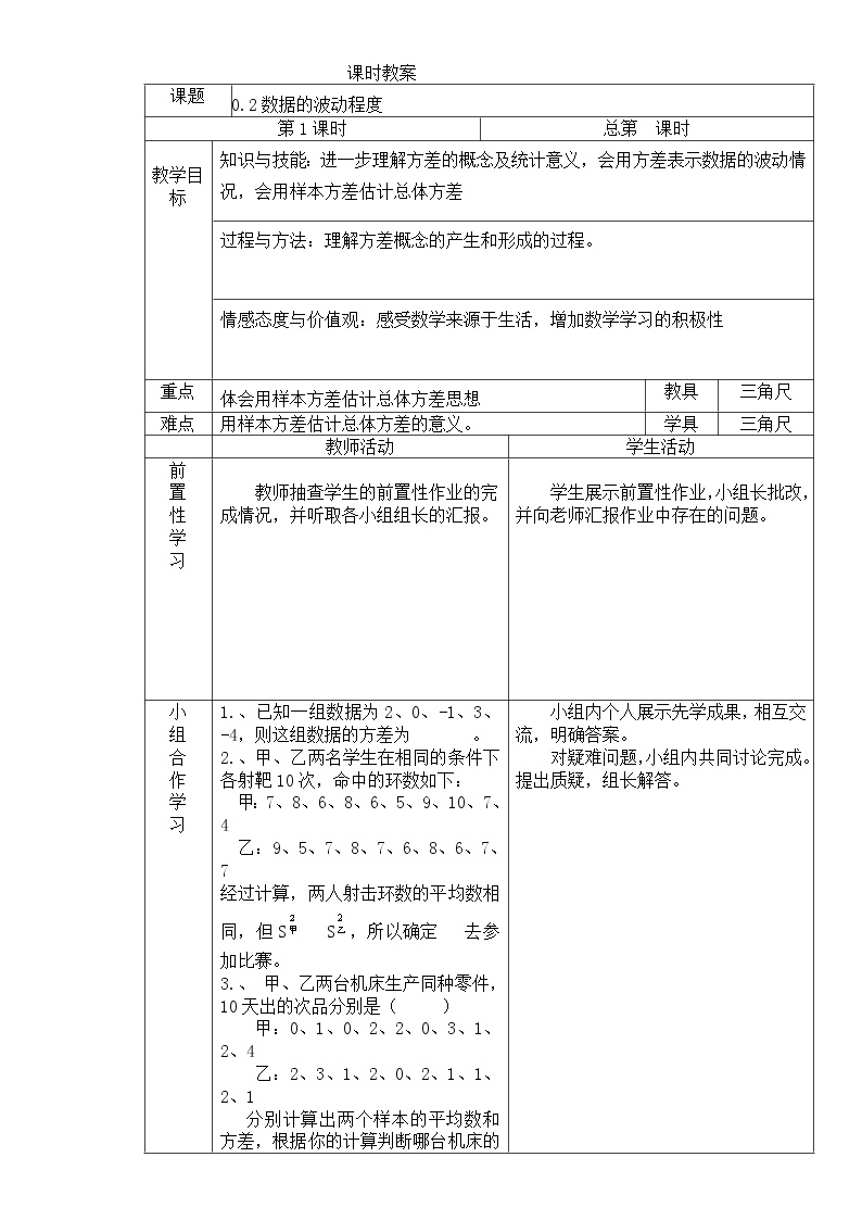 人教版八年级下册20.2 数据的波动程度第1课时教案设计