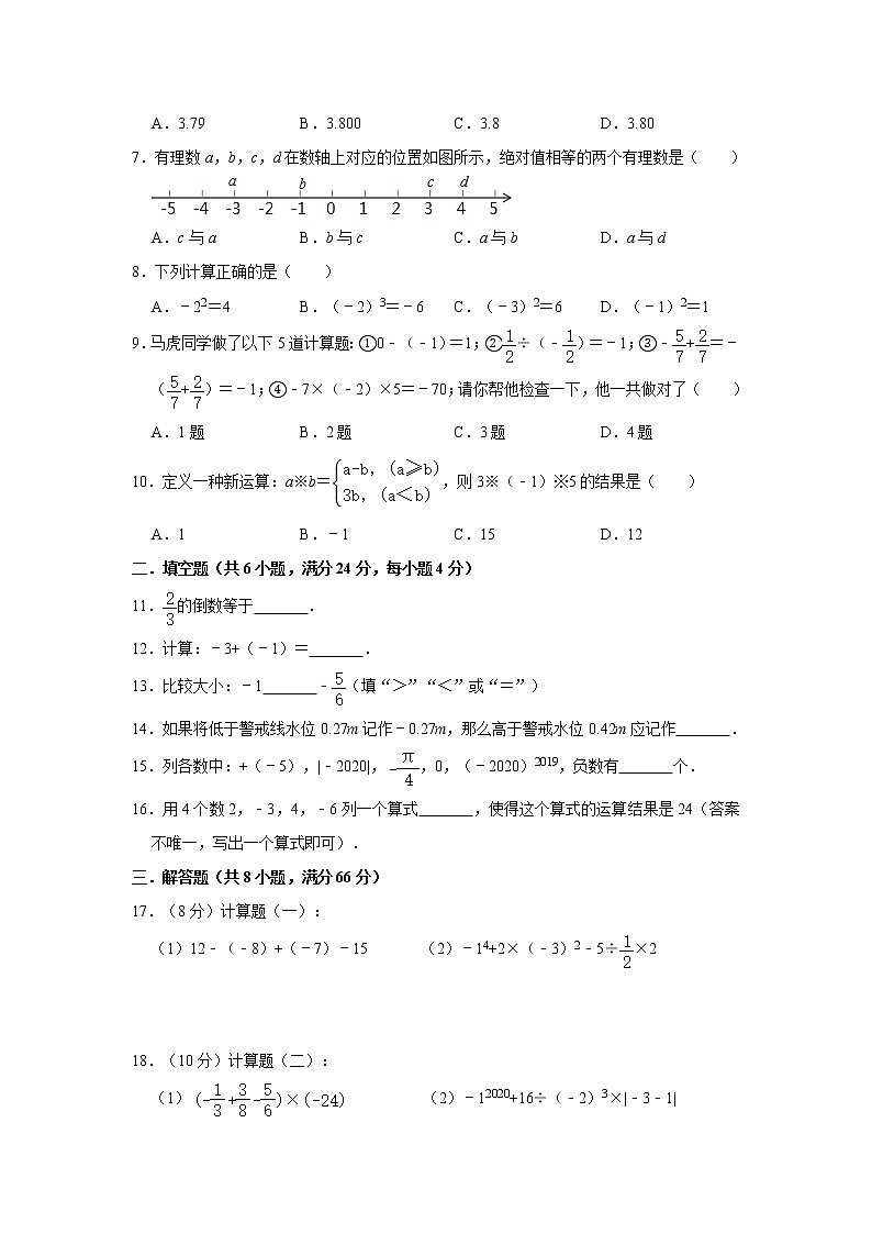 2020年人教版七年级上册第1章《有理数》达标检测卷 解析版02