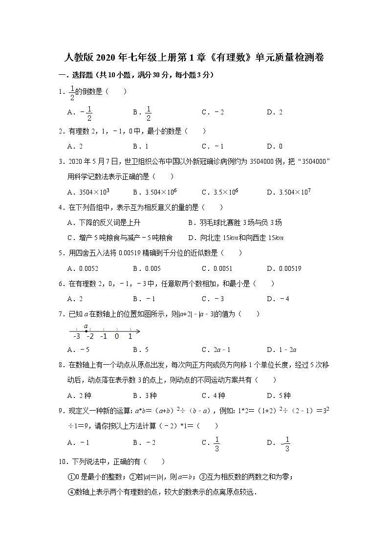 人教版2020年七年级上册第1章《有理数》单元质量检测卷   解析版01