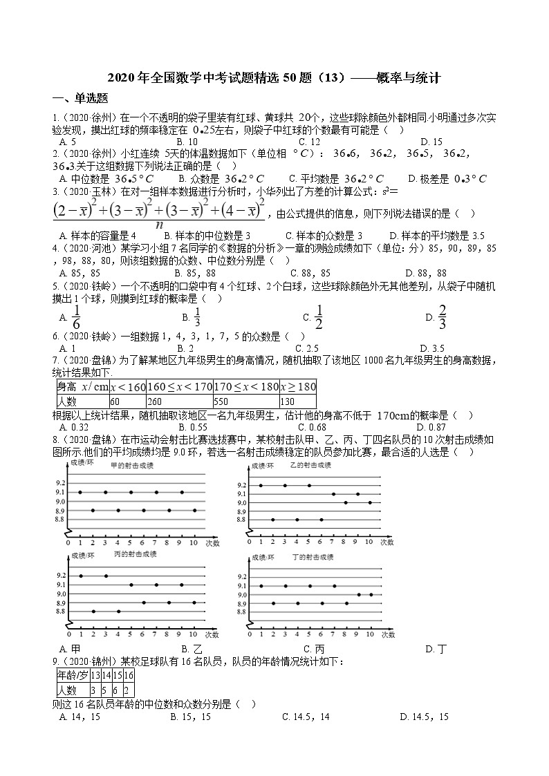 2020年全国数学中考试题精选50题(13)——概率与统计01