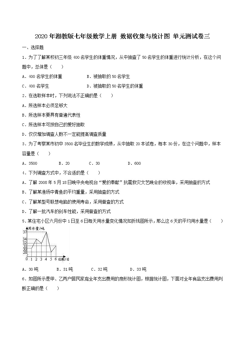 2020年湘教版七年级数学上册 数据收集与统计图 单元测试卷三（含答案）01