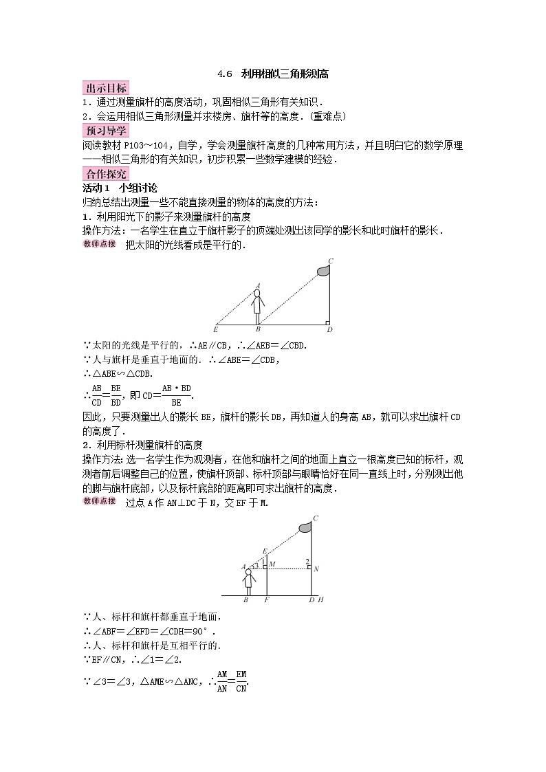 北师大版九年级数学上册教案:4.6 利用相似三角形测高(含答案)01