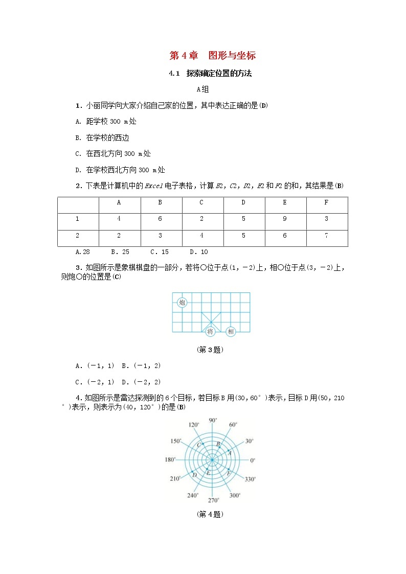 2020年浙教版八年级数学上册第4章图形与坐标4.1探索确定位置的方法 同步练习（含答案）01