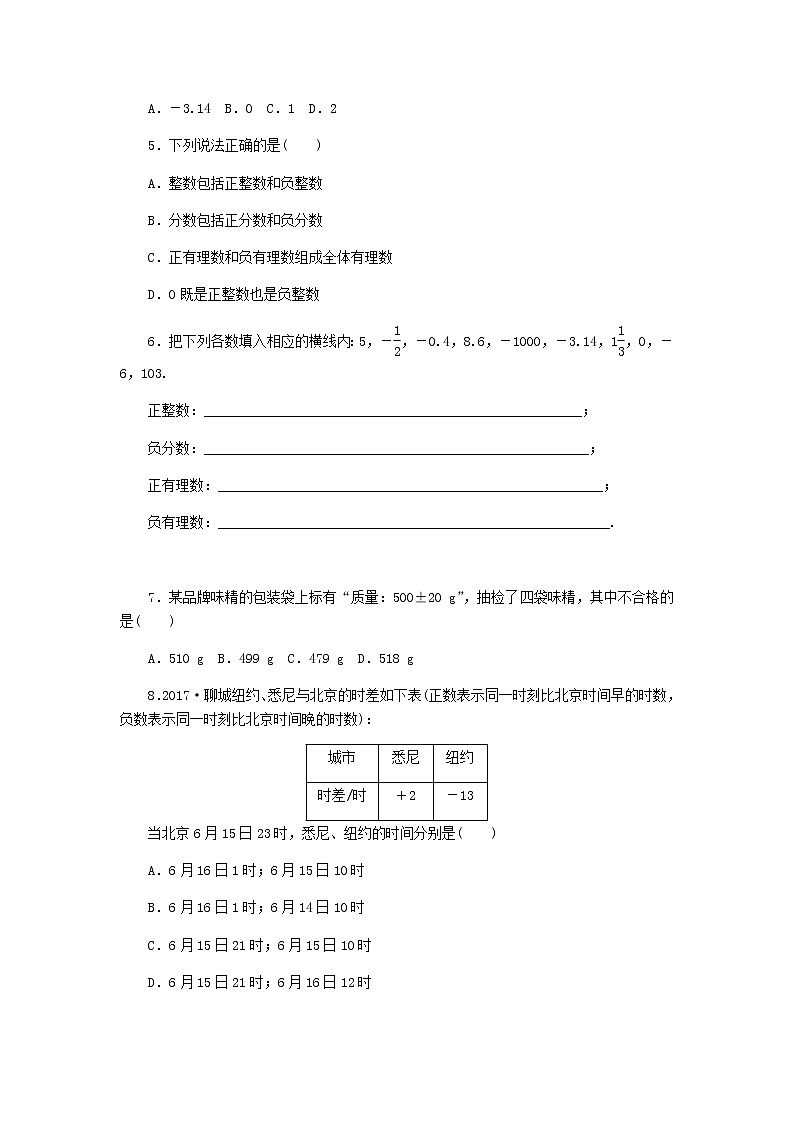 2020年浙教版七年级数学上册第1章有理数1.1从自然数到有理数第2课时有理数 同步练习(含答案)02