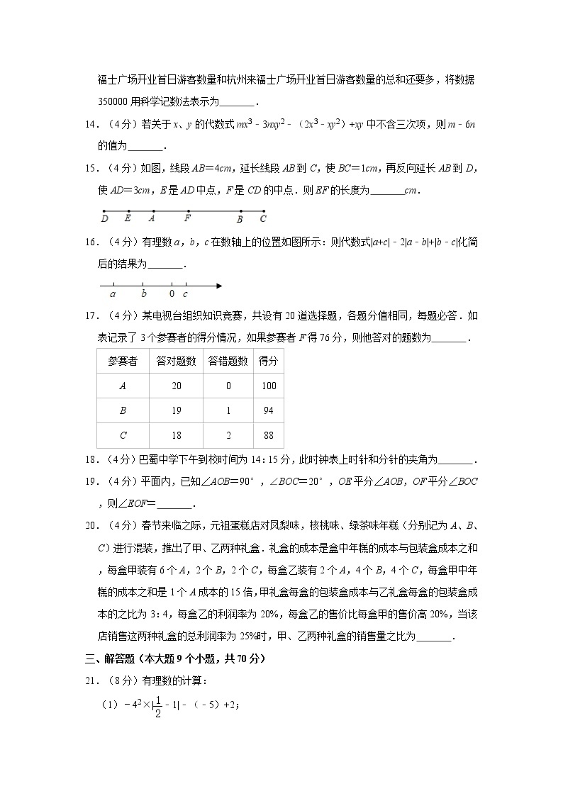 2019-2020学年重庆市渝中区巴蜀中学七年级（上）期末数学试卷  解析版03