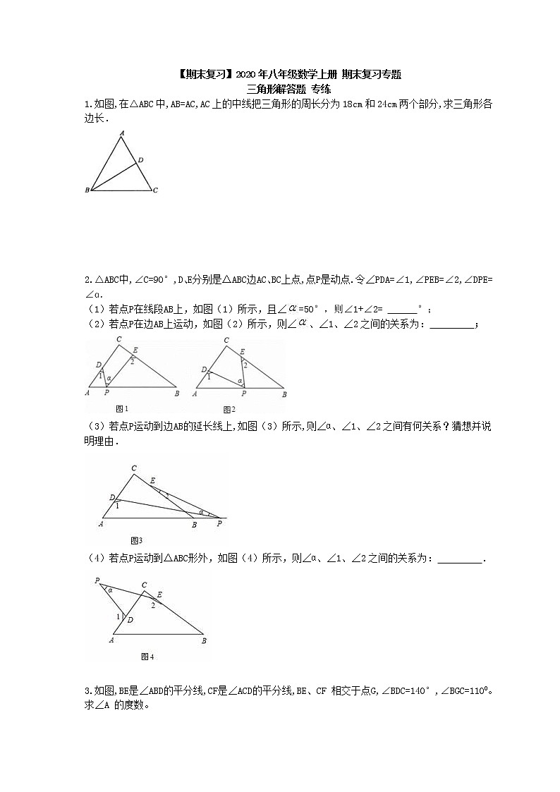 【期末复习】2020年八年级数学上册 期末复习专题 三角形解答题 专练(含答案)第1页