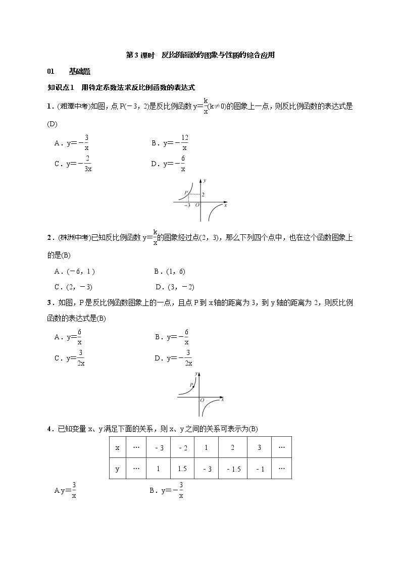 2020年湘教版九年级数学上册测试题1.2 第3课时　反比例函数的图象与性质的综合应用（含答案）01
