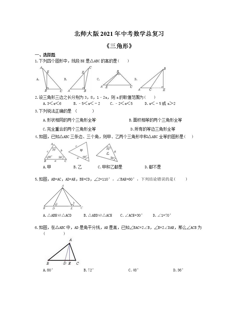 北师大版2021年中考数学总复习《三角形》（含答案） 试卷01