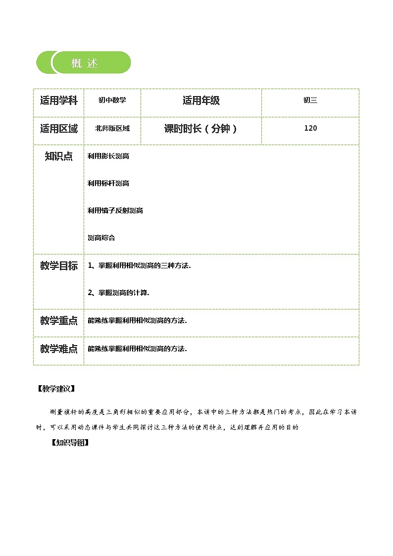 【BSD版秋季课程初三数学】第12讲:测量旗杆的高度_教师版02