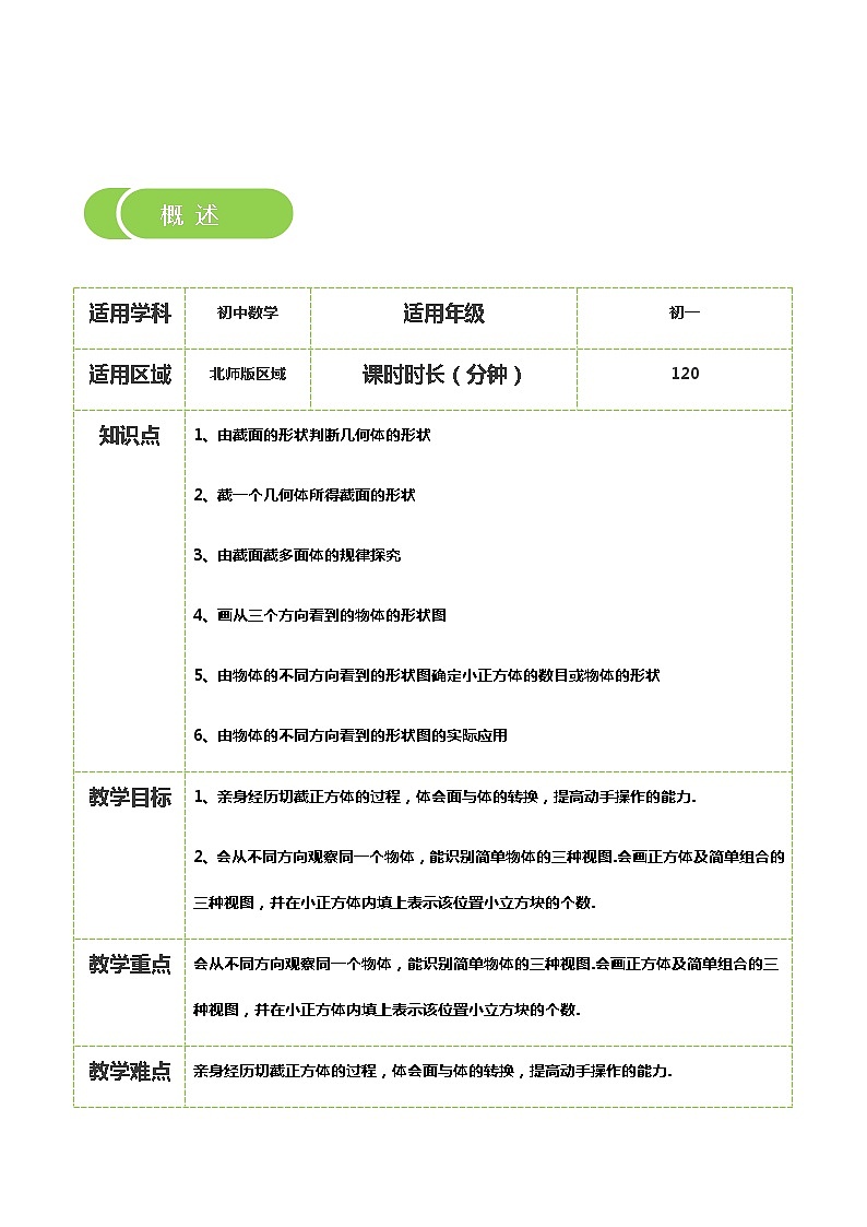 【BSD版秋季课程初一数学】第2讲: 截一个几何体及从三个方向看物体的形状_学生版 教案02