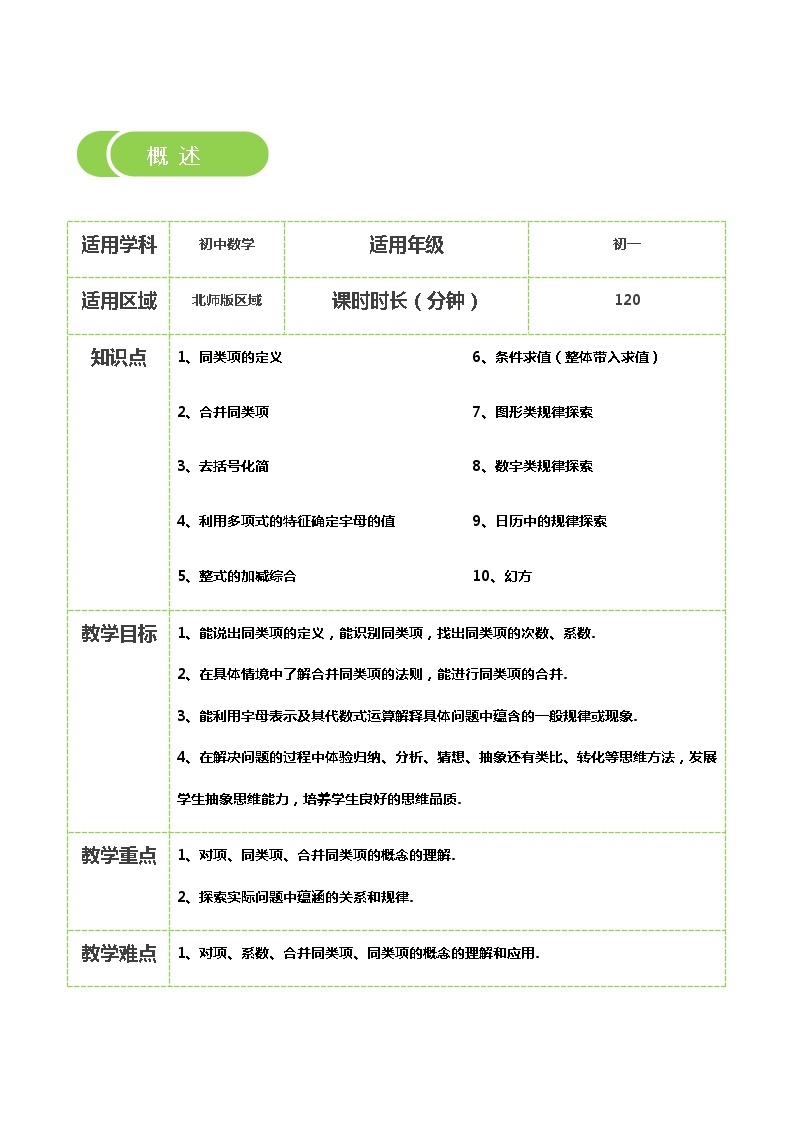 【BSD版秋季课程初一数学】第11讲：整式的加减及探索与表达规律_教师版 教案02