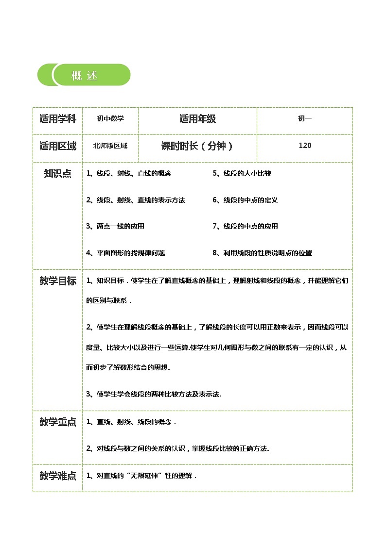 【BSD版秋季课程初一数学】第12讲:线段、射线、直线及比较线段的长短_教师版 教案02