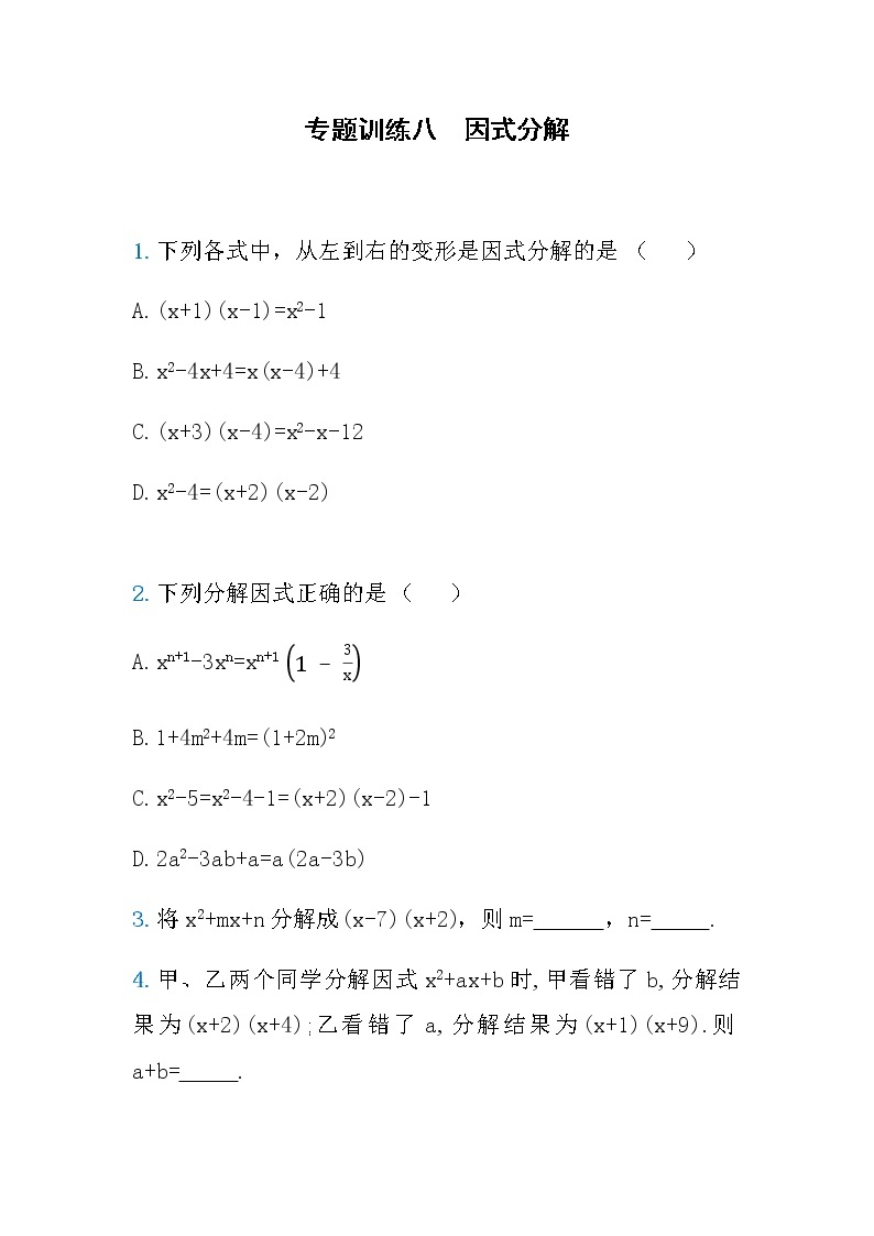 人教版八年级数学上册专题训练八　因式分解01