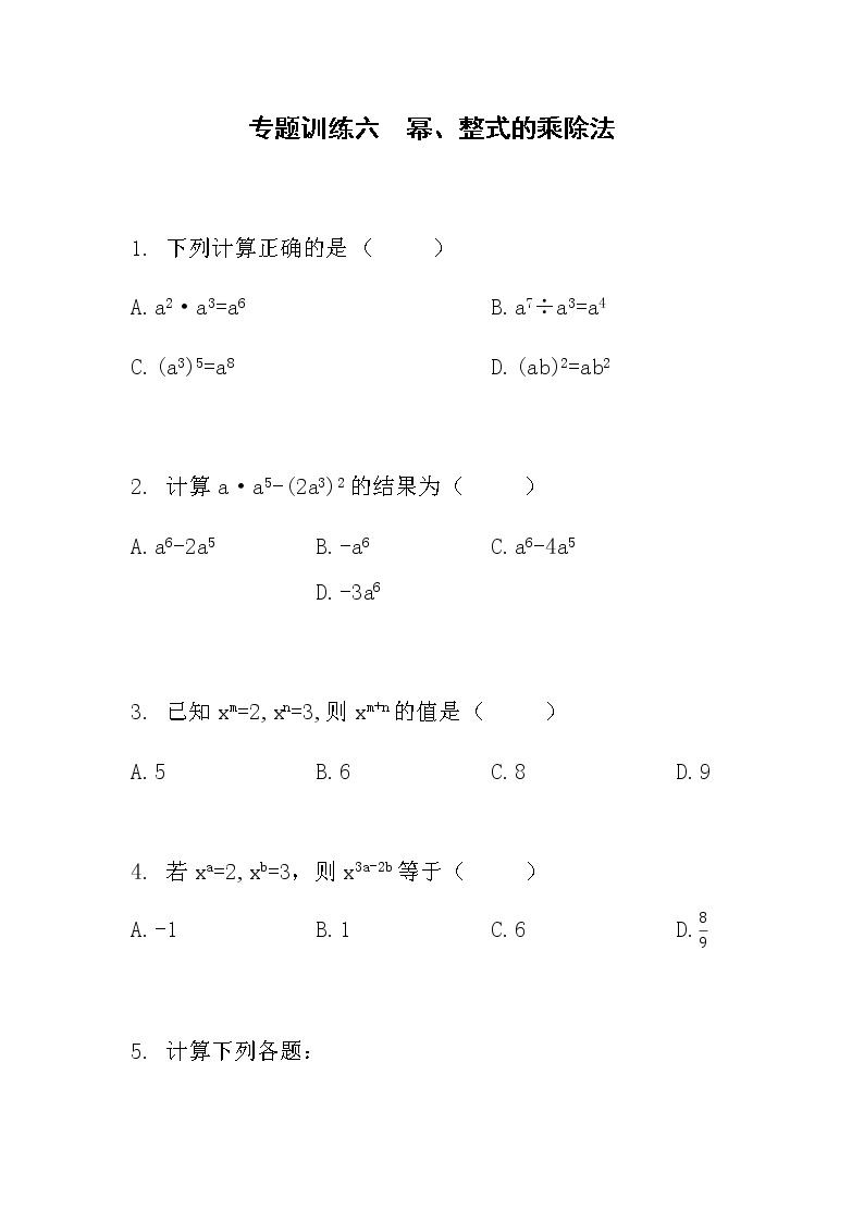 人教版八年级数学上册专题训练六　幂、整式的乘除法01