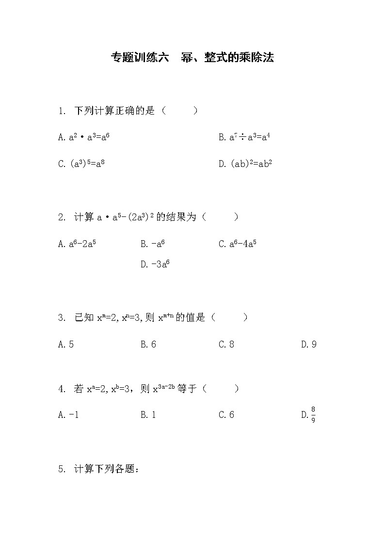 人教版八年级数学上册专题训练六 幂、整式的乘除法01