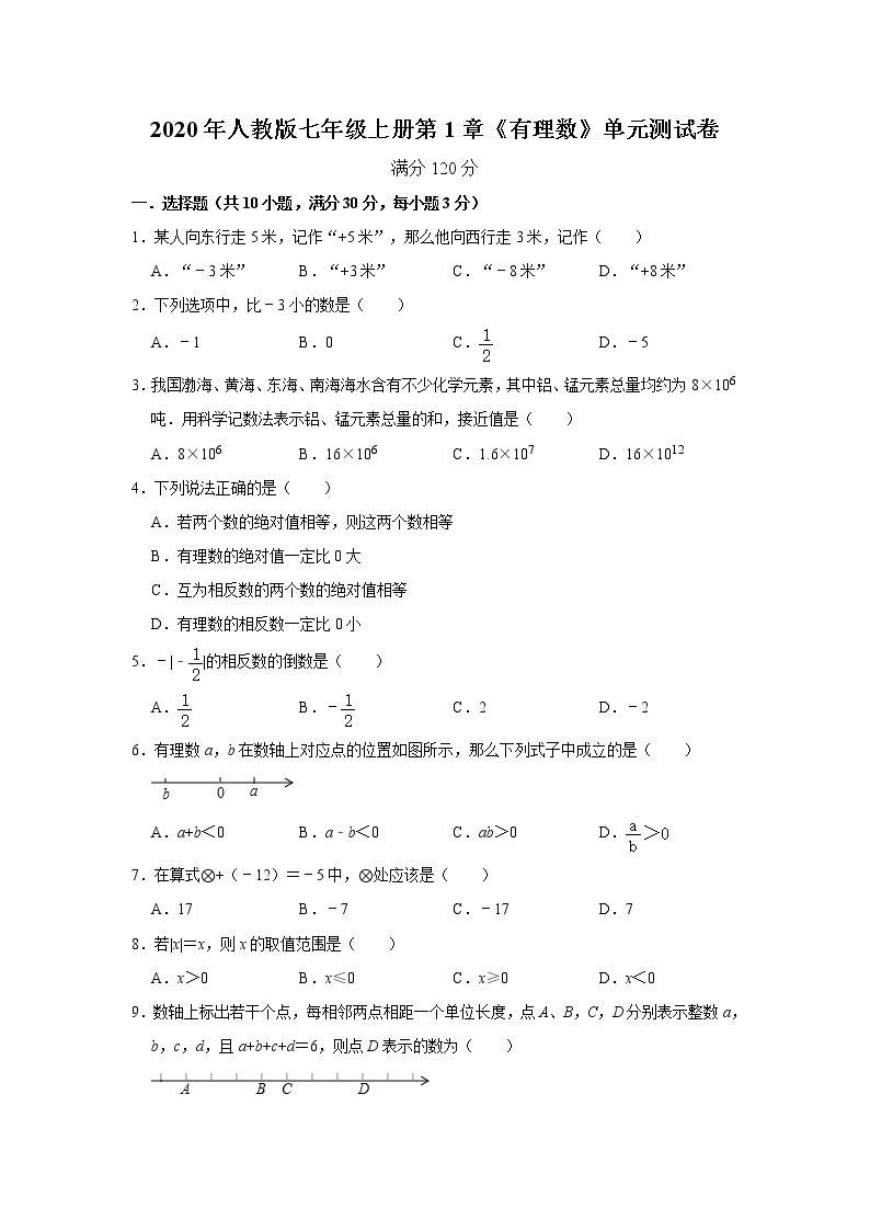 2020年人教版七年级上册第1章《有理数》单元测试卷   解析版01