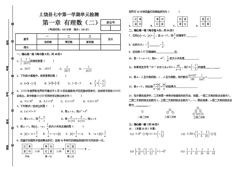 【精品试卷】第一学期七年级数学第一章 有理数(二)单元检测第1页