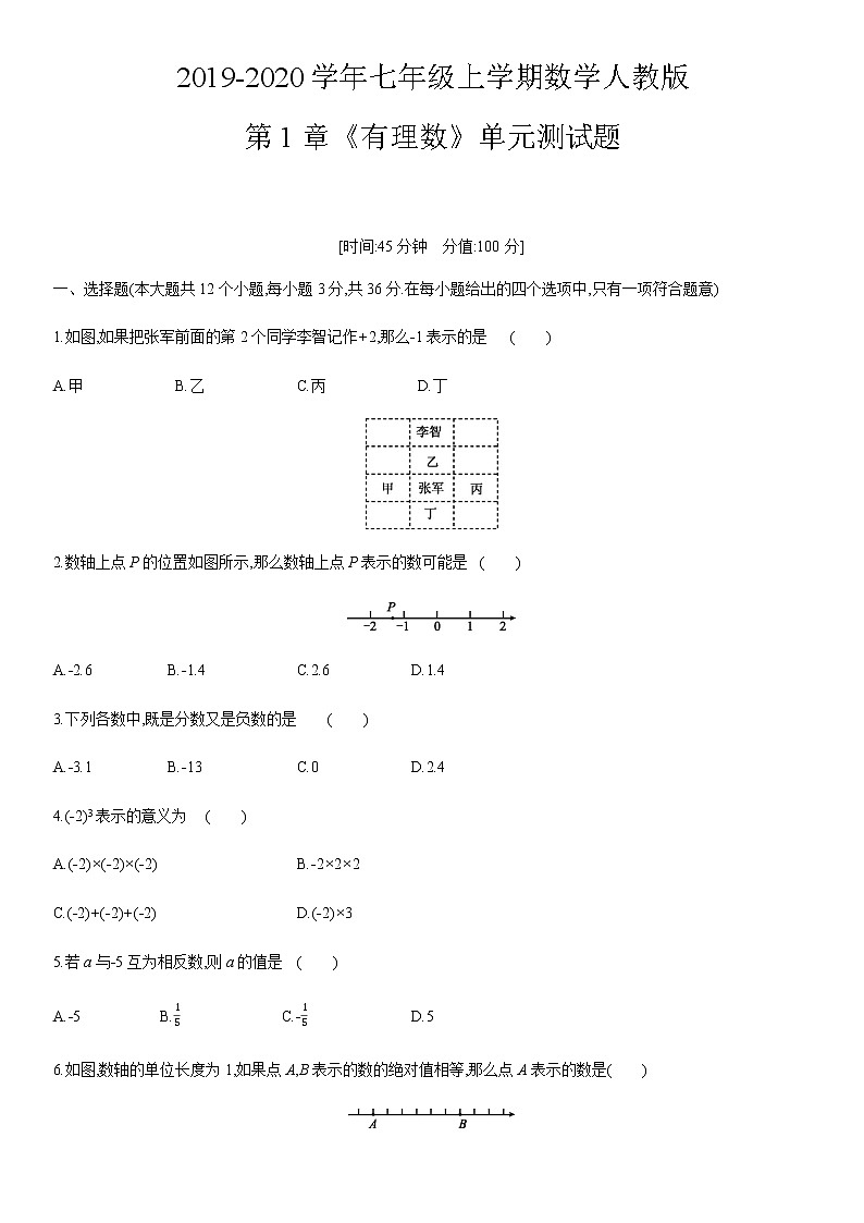 2019-2020学年七年级上学期数学人教版第1章《有理数》单元测试题及答案第1页