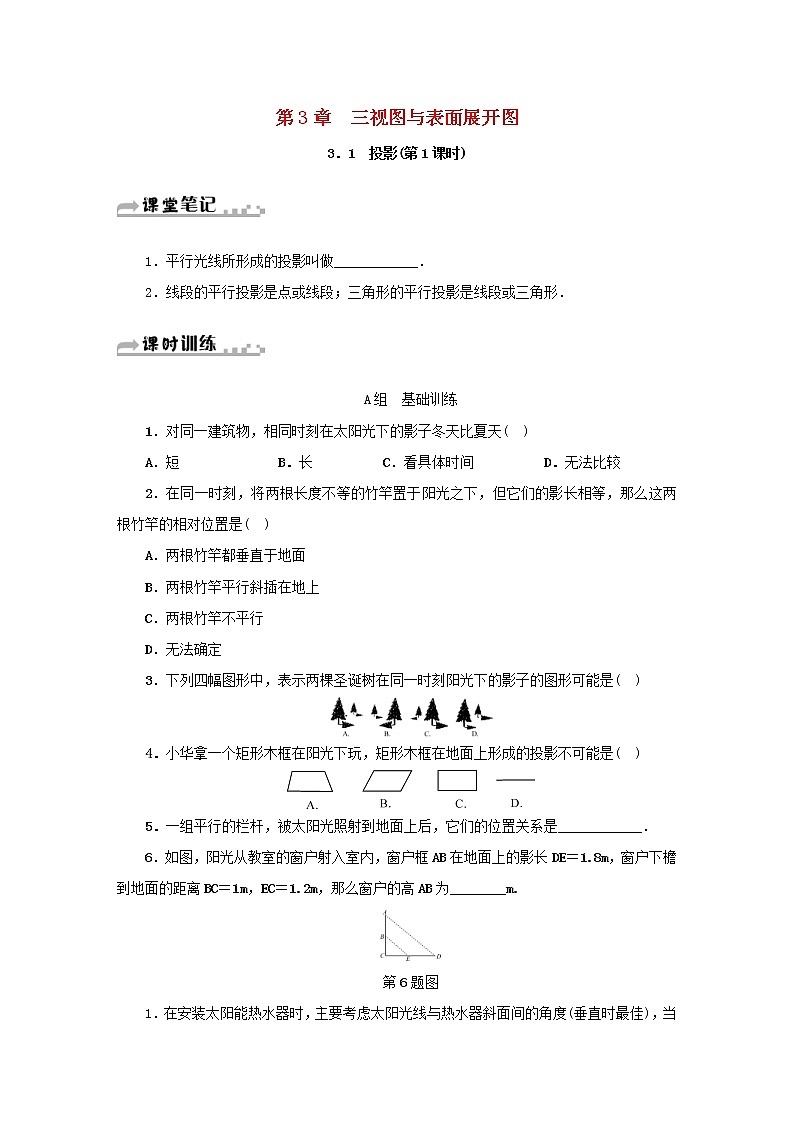 2021年浙教版九年级数学下册 3.1投影第1课时同步测试(含答案)01
