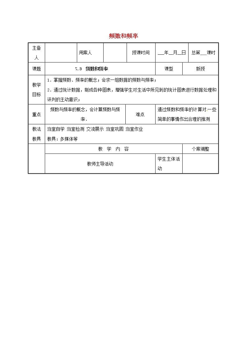 2021年苏科版八年级数学下册7.3频数和频率教案01