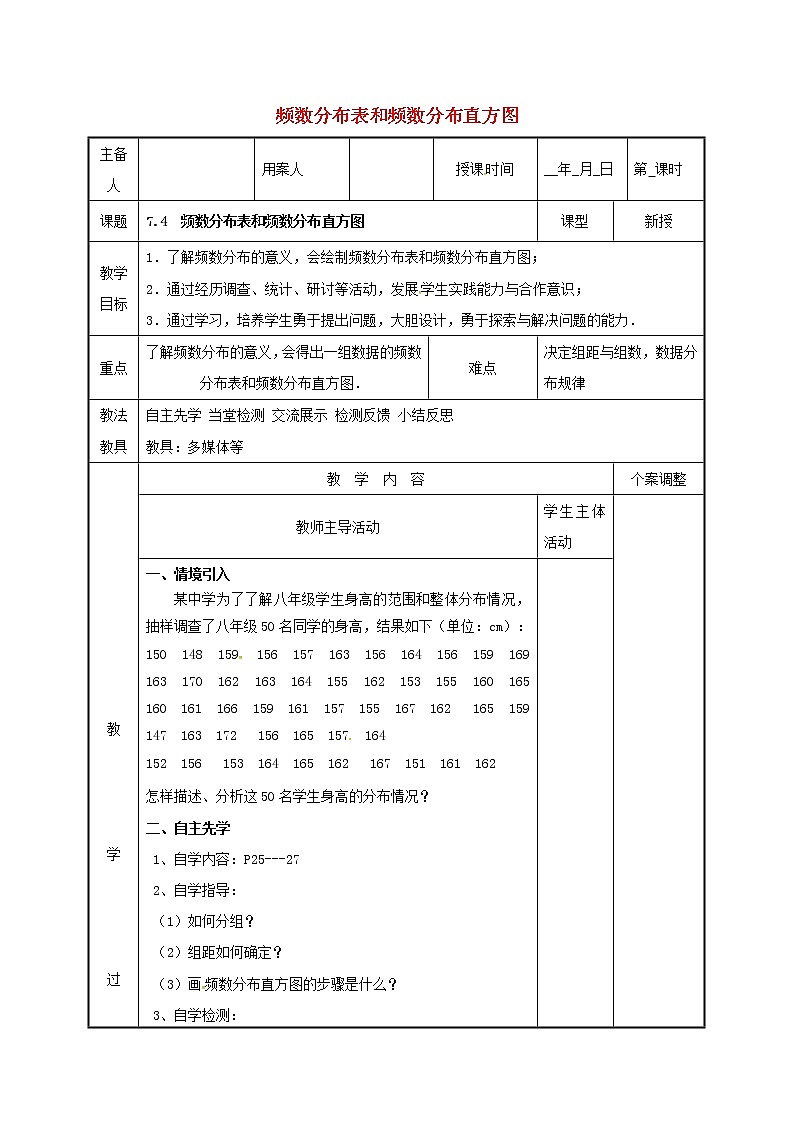 2021年苏科版八年级数学下册7.4频数分布表和频数分布直方图教案01