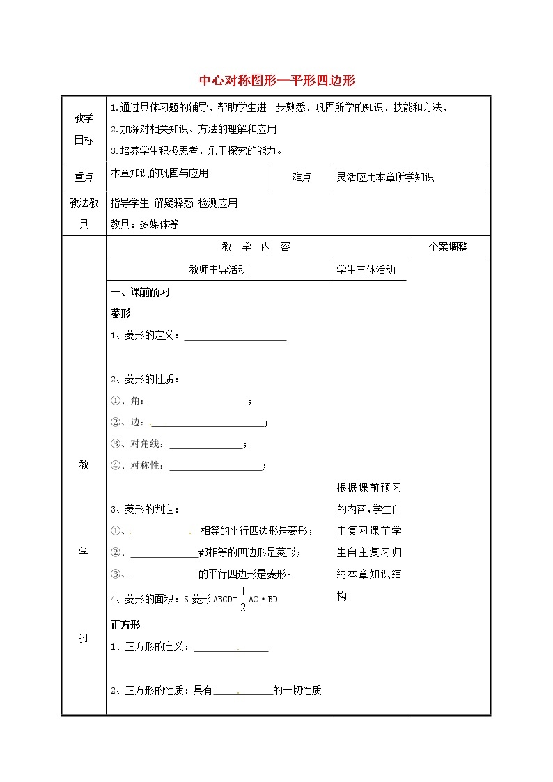 2021年苏科版八年级数学下册第九章中心对称图形_平形四边形小结与思考第3课时教案01