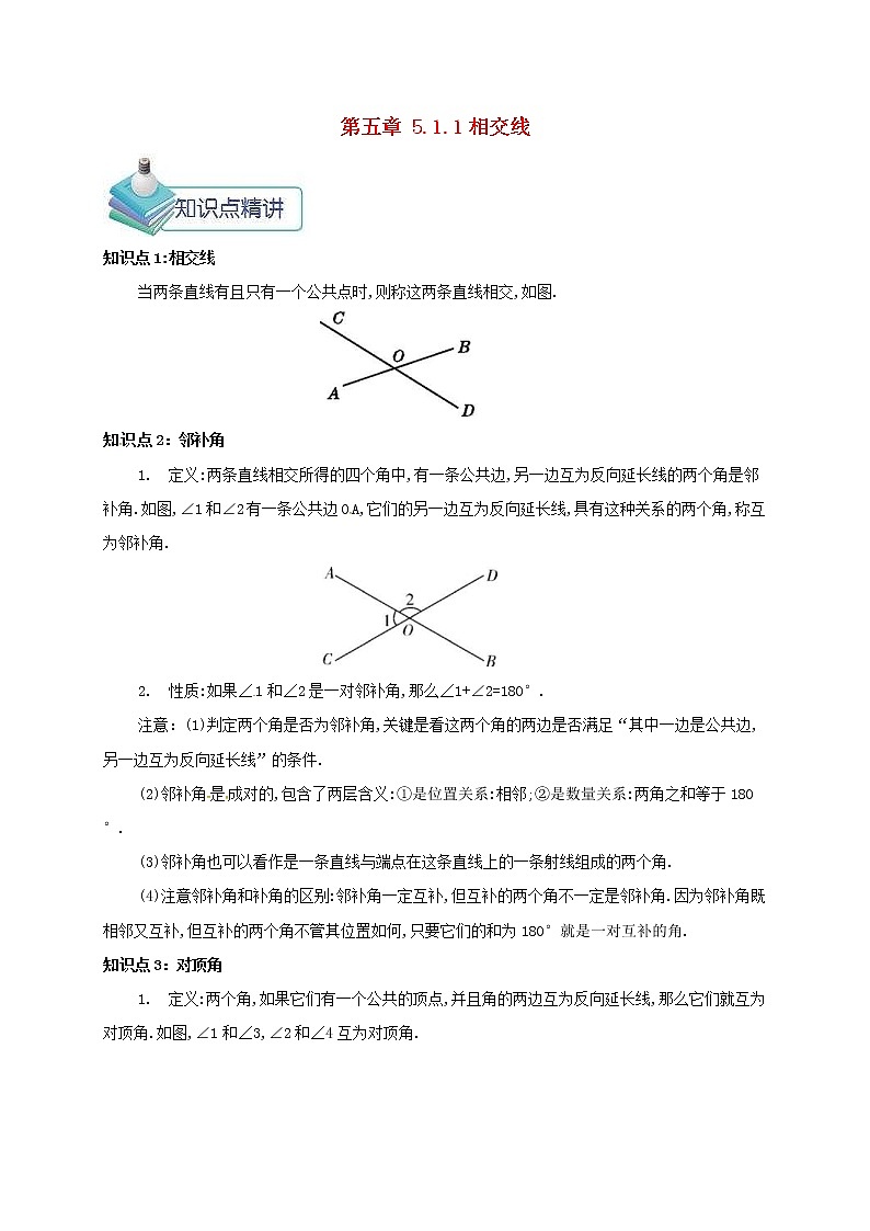 人教版2021年七年级数学下册5.1.1相交线 教案第1页
