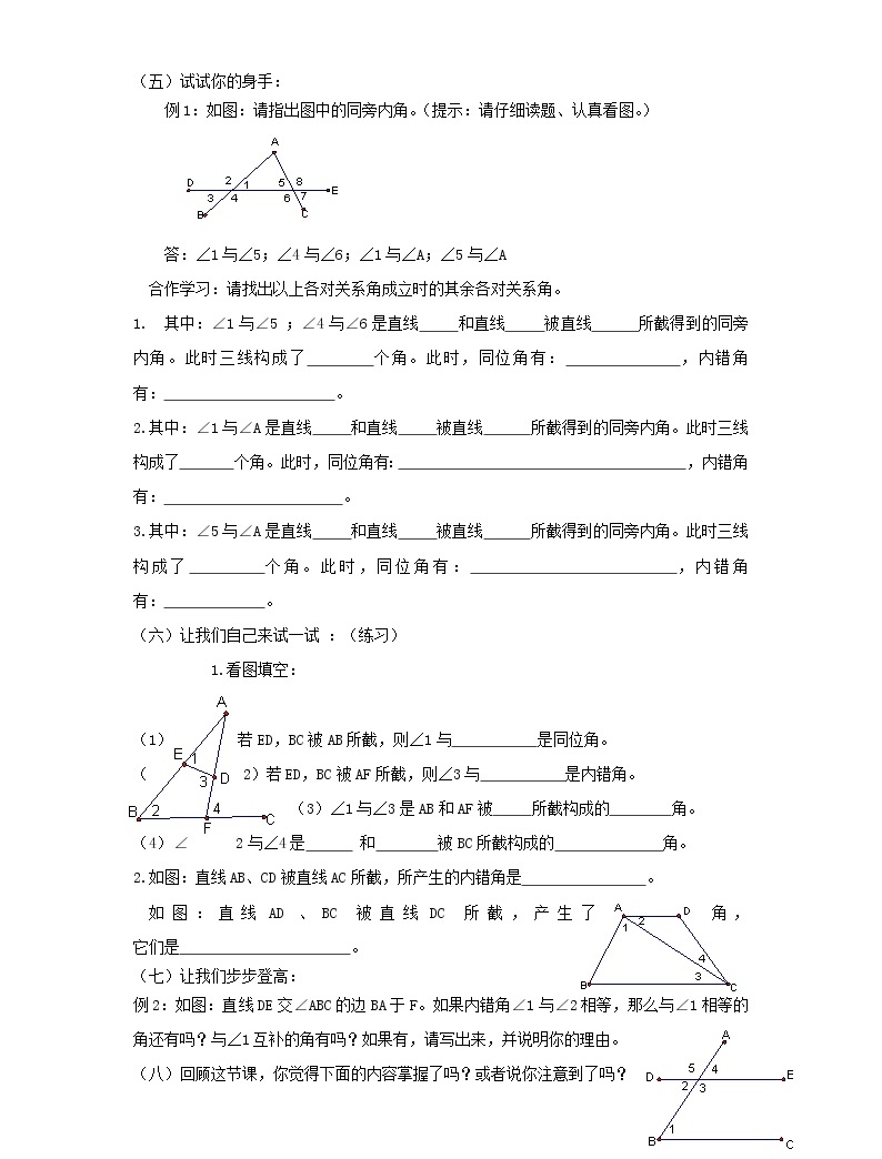 2021年滬科版七年級 數學下冊 10.2 第1課時 平行線的概念、基本性質及三線八角 學案設計03