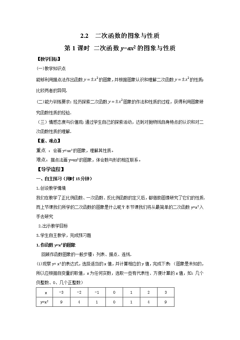 2021年北师大版九年级数学下册 2.2 第1课时 二次函数y=x2和y=-x2的图象与性质2  教案设计01