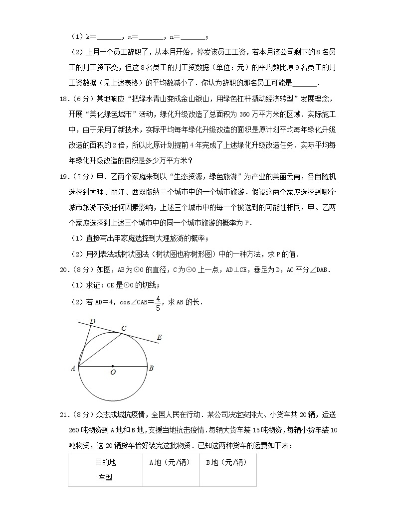 2020云南中考數學真題及答案04