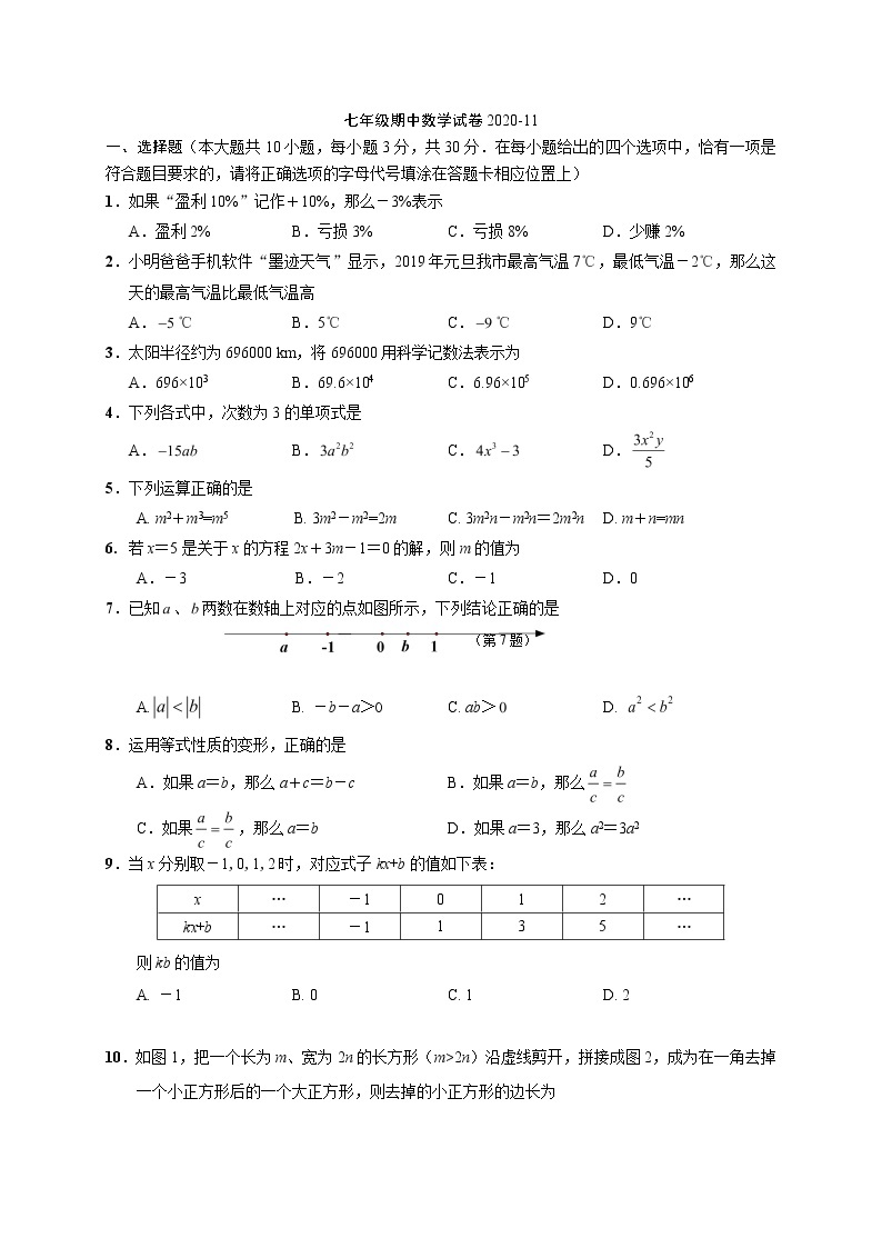 江苏省南通市部分学校2020-2021学年度第一学期七年级期中考试数学试卷（无答案）01