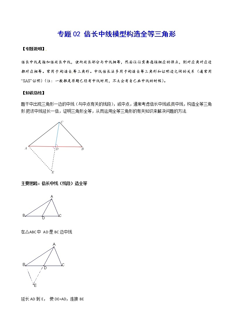 中考数学  专项训练  考点02 倍长中线模型构造全等三角形01